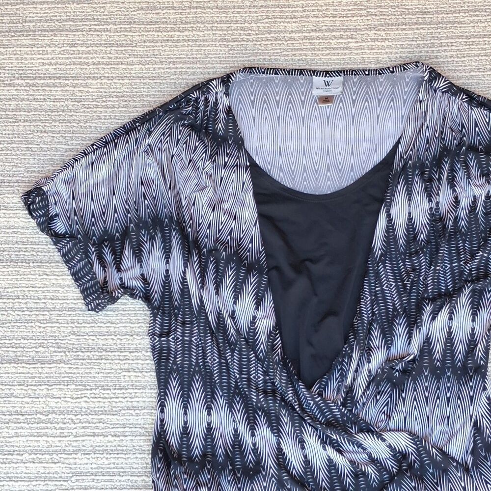 WORTHINGTON STRETCH WOMEN M BLACK BLUE IKAT CHEVRON SURPLICE FAUX WRAP BLOUSE - Picture 4 of 10